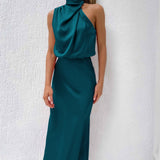 Carlina | Rochie lungă din satin cu decolteu halter