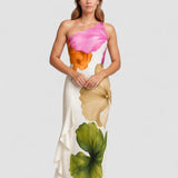 Jorgina – Rochie de Damă Maxi Asimetrică cu Volane și Imprimeu Floral