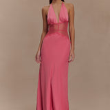 Kalira – Rochie Maxi Damă Elegantă din Satin cu Dantelă Roz