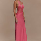 Kalira – Rochie Maxi Damă Elegantă din Satin cu Dantelă Roz