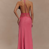 Kalira – Rochie Maxi Damă Elegantă din Satin cu Dantelă Roz