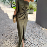 Clarisse – Rochie de Damă Drapată pe Un Umăr Elegantă Oliv