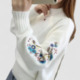 SASKIA | Pulover din bumbac gros tricotat cu broderie florală