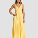 Alva – Rochie de Damă Midi Plisată cu Decolteu în V Galbenă