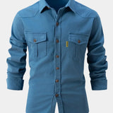 Cămașă din Denim cu Mâneci Lungă – Față cu Nasturi și Ajustare a Mânecii Rulate