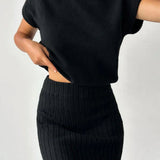 Set Asamblat: Top Tricotat Gros și Fustă Midi Tricotată cu Talie Înaltă