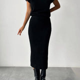 Set Asamblat: Top Tricotat Gros și Fustă Midi Tricotată cu Talie Înaltă