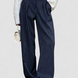 Pantaloni de birou cu pliuri și picior larg cu dungi