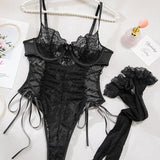 Christina™ | Body transparent din dantelă cu model floral și fundiță pe lateral