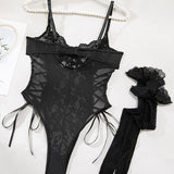 Christina™ | Body transparent din dantelă cu model floral și fundiță pe lateral