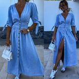 Luise – Rochie de Damă Denim Elegantă cu Detalii Strălucitoare