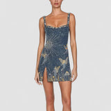 Bluvera – Rochie Mini de Damă Elegantă Albastră cu Imprimeu Cosmic