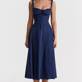 Vivienne – Rochie Midi de Damă cu Corset Romantic Bleumarin