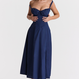 Vivienne – Rochie Midi de Damă cu Corset Romantic Bleumarin