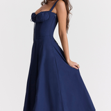 Vivienne – Rochie Midi de Damă cu Corset Romantic Bleumarin