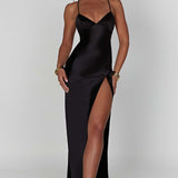 Meliva – Rochie Maxi de Damă cu Decolteu Înalt Satinată