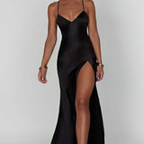 Meliva – Rochie Maxi de Damă cu Decolteu Înalt Satinată