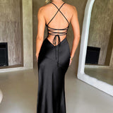 Meliva – Rochie Maxi de Damă cu Decolteu Înalt Satinată