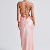 Meliva – Rochie Maxi de Damă cu Decolteu Înalt Satinată