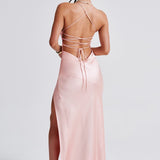 Meliva – Rochie Maxi de Damă cu Decolteu Înalt Satinată