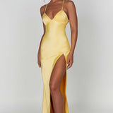 Meliva – Rochie Maxi de Damă cu Decolteu Înalt Satinată