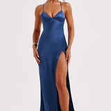 Meliva – Rochie Maxi de Damă cu Decolteu Înalt Satinată