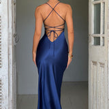 Meliva – Rochie Maxi de Damă cu Decolteu Înalt Satinată